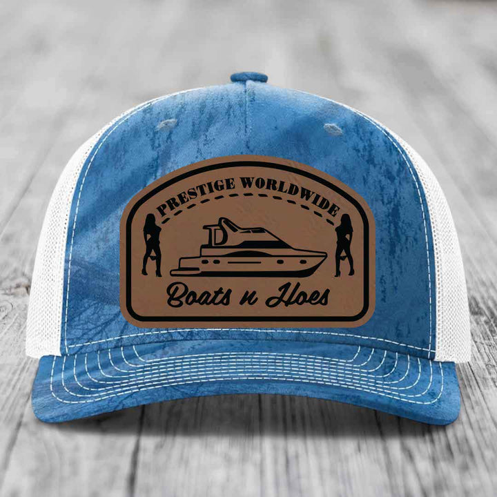 Prestige Worldwide, Boats and Hoes - Leather Patch Hat - Dark Brown to Black Patch - Richardson 112PFP Snapback Trucker Hat