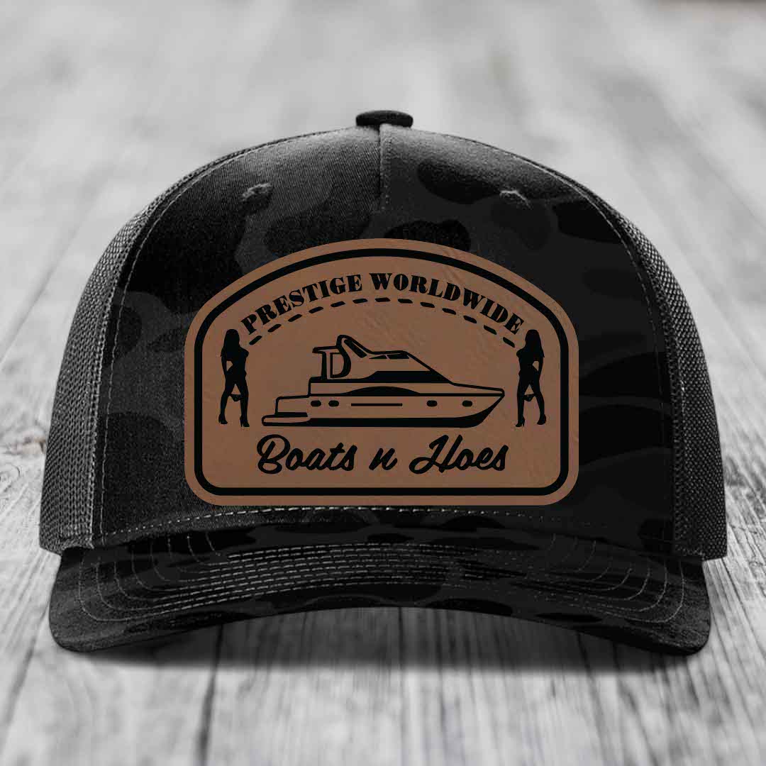 Prestige Worldwide, Boats and Hoes - Leather Patch Hat - Dark Brown to Black Patch - Richardson 112PFP Snapback Trucker Hat