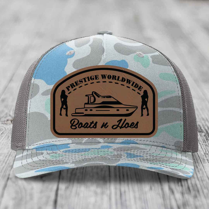 Prestige Worldwide, Boats and Hoes - Leather Patch Hat - Dark Brown to Black Patch - Richardson 112PFP Snapback Trucker Hat