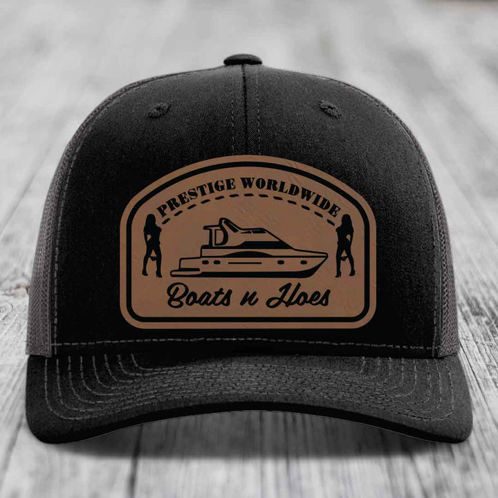 Prestige Worldwide, Boats and Hoes - Leather Patch Hat - Dark Brown to Black Patch - Richardson 112 Snapback Trucker Hat