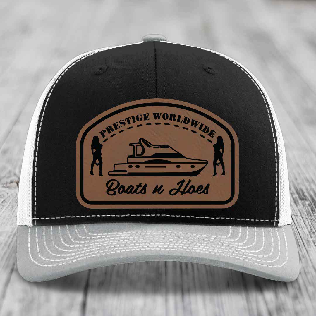 Prestige Worldwide, Boats and Hoes - Leather Patch Hat - Dark Brown to Black Patch - Richardson 112 Snapback Trucker Hat
