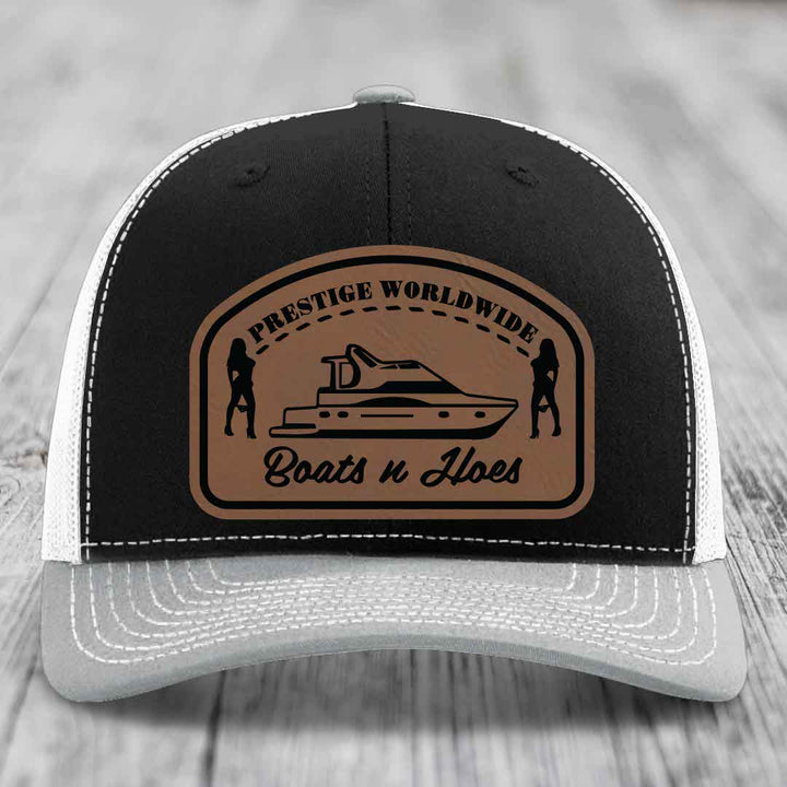 Prestige Worldwide, Boats and Hoes - Leather Patch Hat - Dark Brown to Black Patch - Richardson 112 Snapback Trucker Hat