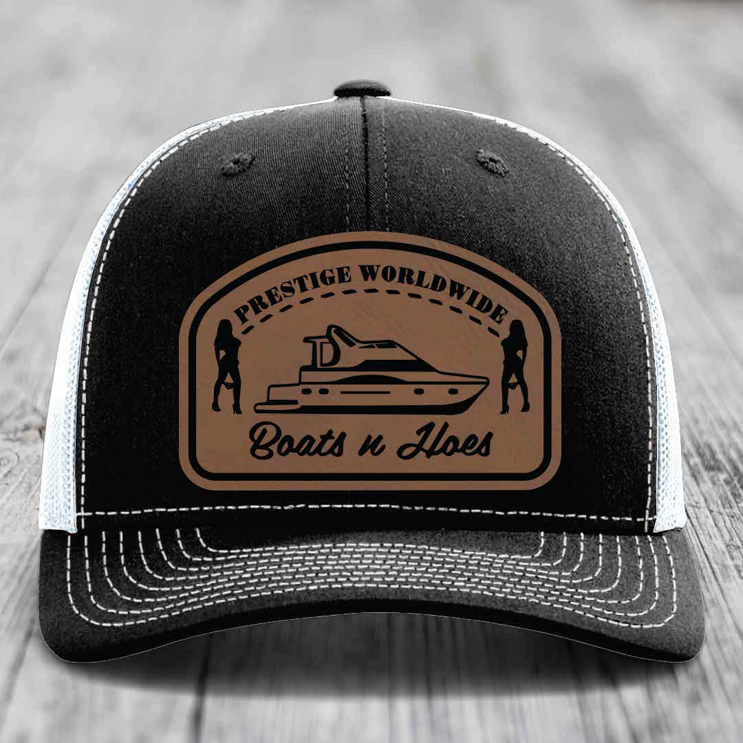 Prestige Worldwide, Boats and Hoes - Leather Patch Hat - Dark Brown to Black Patch - Richardson 112 Snapback Trucker Hat