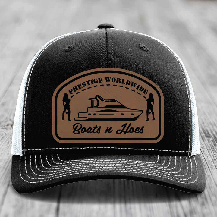 Prestige Worldwide, Boats and Hoes - Leather Patch Hat - Dark Brown to Black Patch - Richardson 112 Snapback Trucker Hat