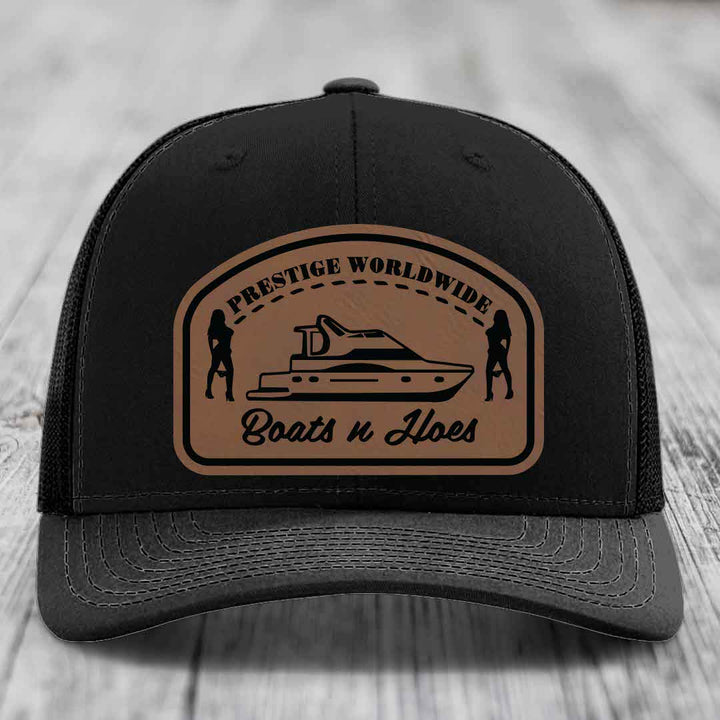 Prestige Worldwide, Boats and Hoes - Leather Patch Hat - Dark Brown to Black Patch - Richardson 112 Snapback Trucker Hat