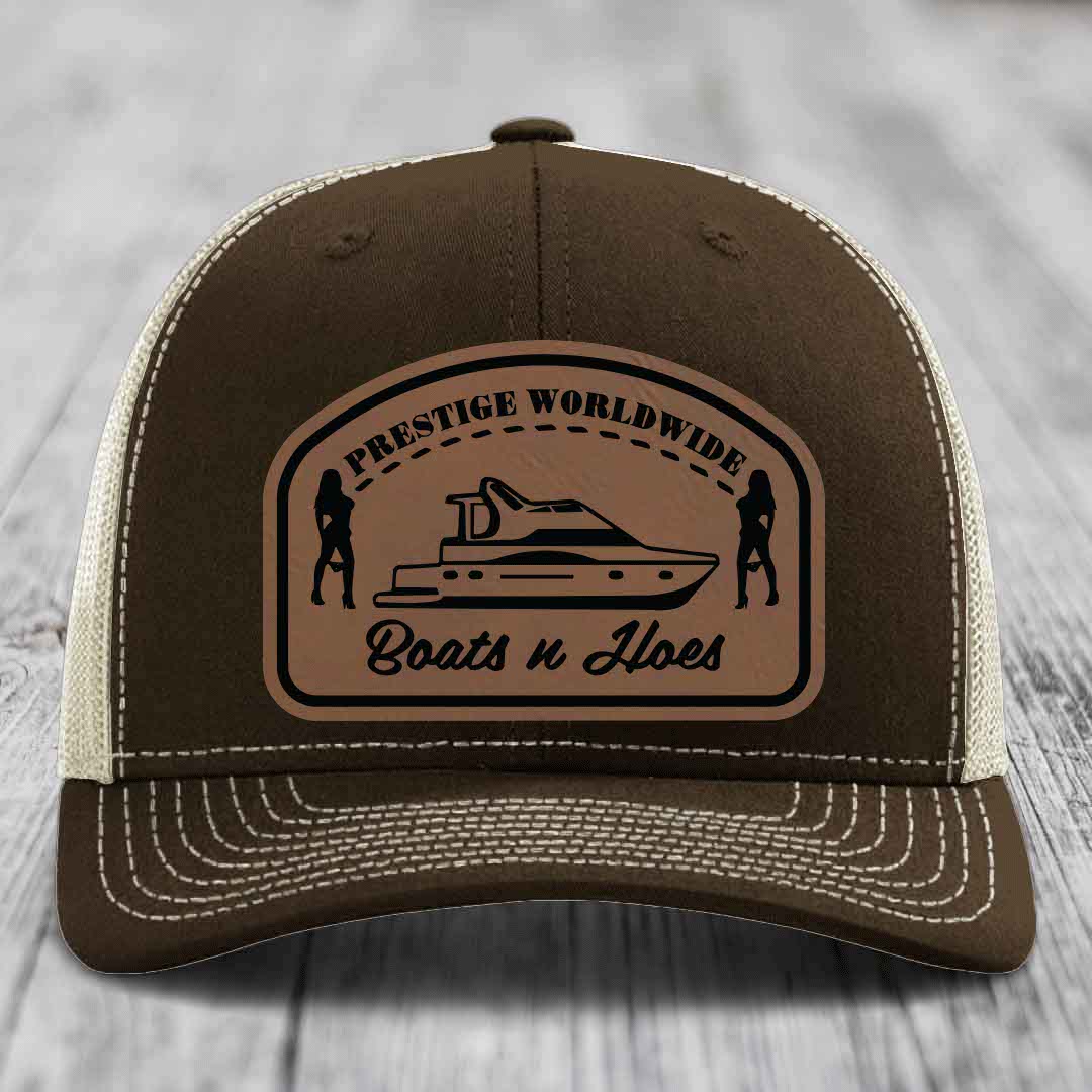 Prestige Worldwide, Boats and Hoes - Leather Patch Hat - Dark Brown to Black Patch - Richardson 112 Snapback Trucker Hat