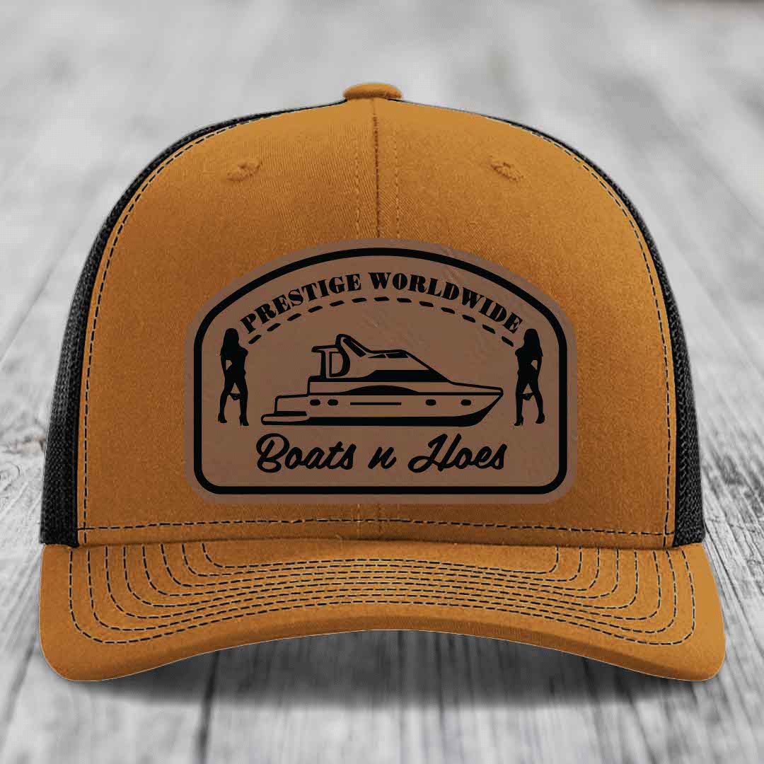 Prestige Worldwide, Boats and Hoes - Leather Patch Hat - Dark Brown to Black Patch - Richardson 112 Snapback Trucker Hat
