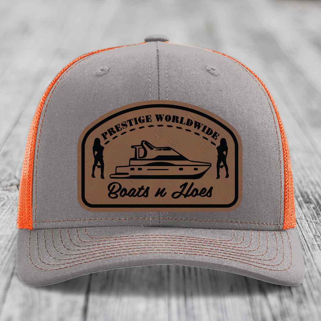 Prestige Worldwide, Boats and Hoes - Leather Patch Hat - Dark Brown to Black Patch - Richardson 112 Snapback Trucker Hat