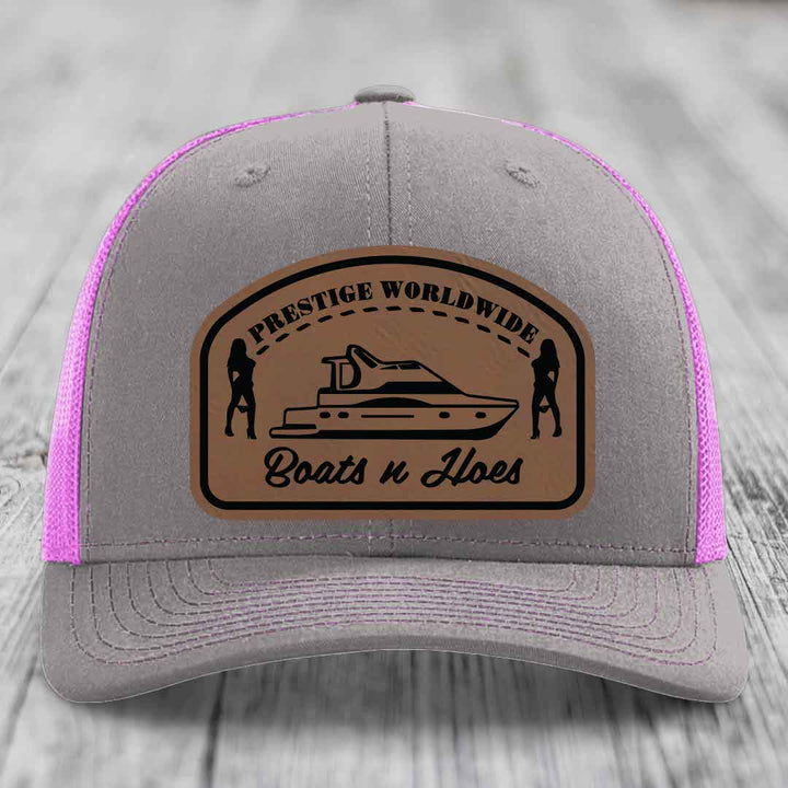 Prestige Worldwide, Boats and Hoes - Leather Patch Hat - Dark Brown to Black Patch - Richardson 112 Snapback Trucker Hat