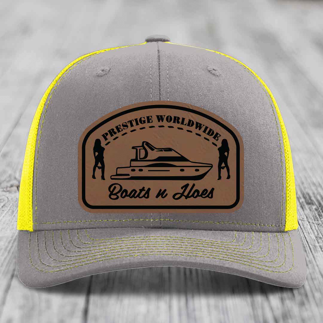 Prestige Worldwide, Boats and Hoes - Leather Patch Hat - Dark Brown to Black Patch - Richardson 112 Snapback Trucker Hat