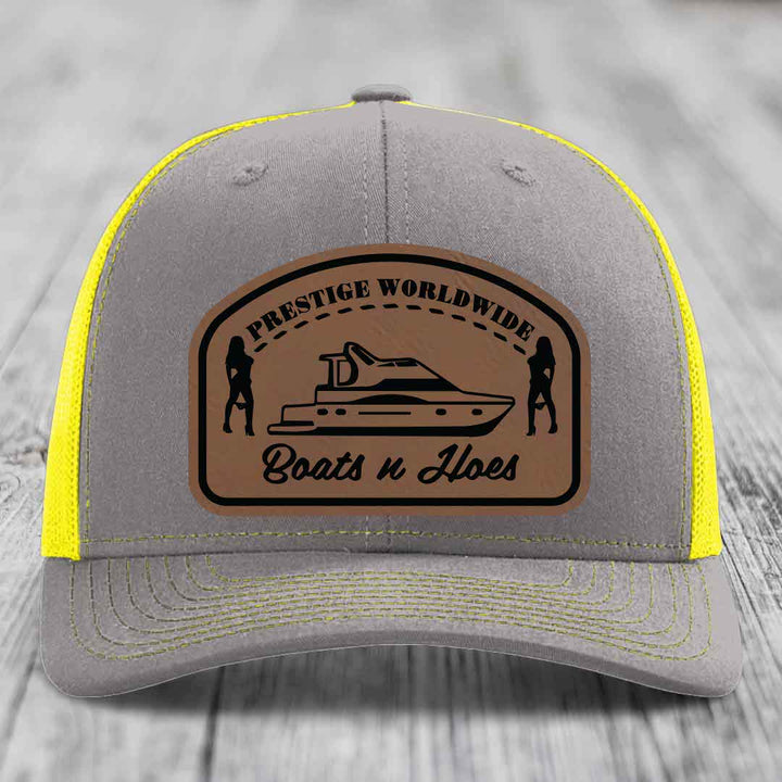 Prestige Worldwide, Boats and Hoes - Leather Patch Hat - Dark Brown to Black Patch - Richardson 112 Snapback Trucker Hat