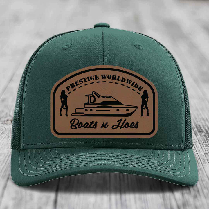 Prestige Worldwide, Boats and Hoes - Leather Patch Hat - Dark Brown to Black Patch - Richardson 112 Snapback Trucker Hat