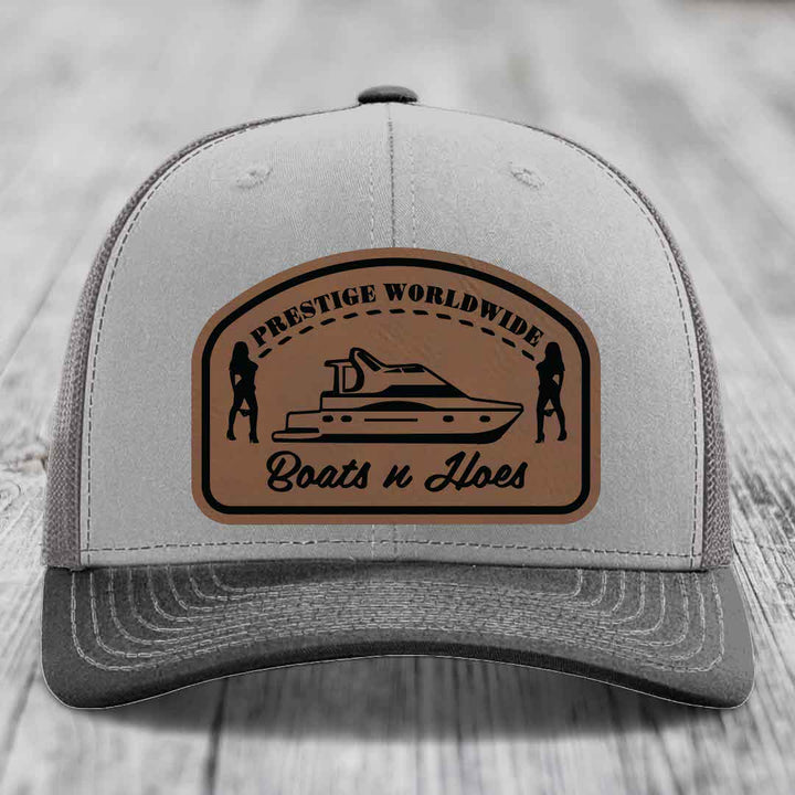 Prestige Worldwide, Boats and Hoes - Leather Patch Hat - Dark Brown to Black Patch - Richardson 112 Snapback Trucker Hat