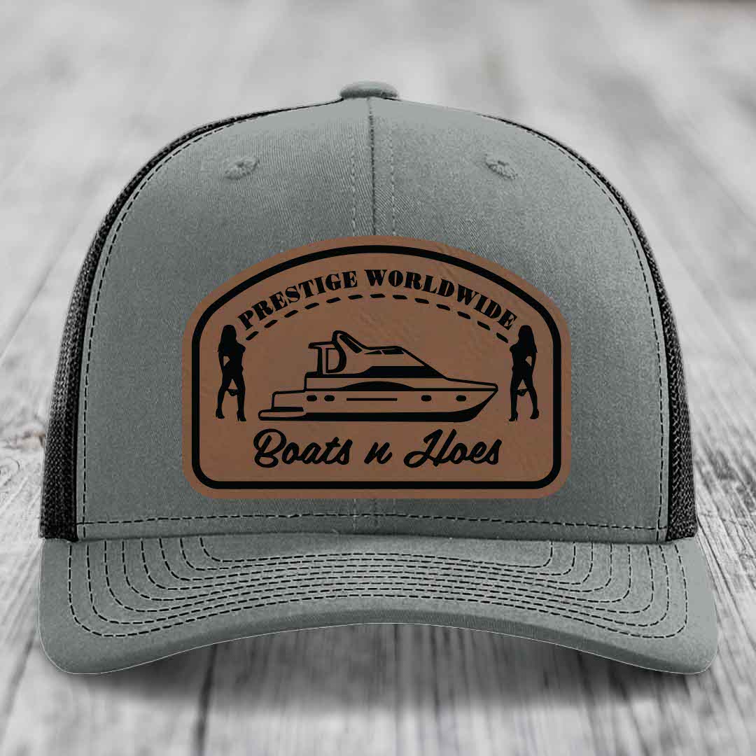 Prestige Worldwide, Boats and Hoes - Leather Patch Hat - Dark Brown to Black Patch - Richardson 112 Snapback Trucker Hat