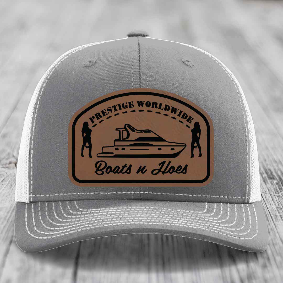 Prestige Worldwide, Boats and Hoes - Leather Patch Hat - Dark Brown to Black Patch - Richardson 112 Snapback Trucker Hat