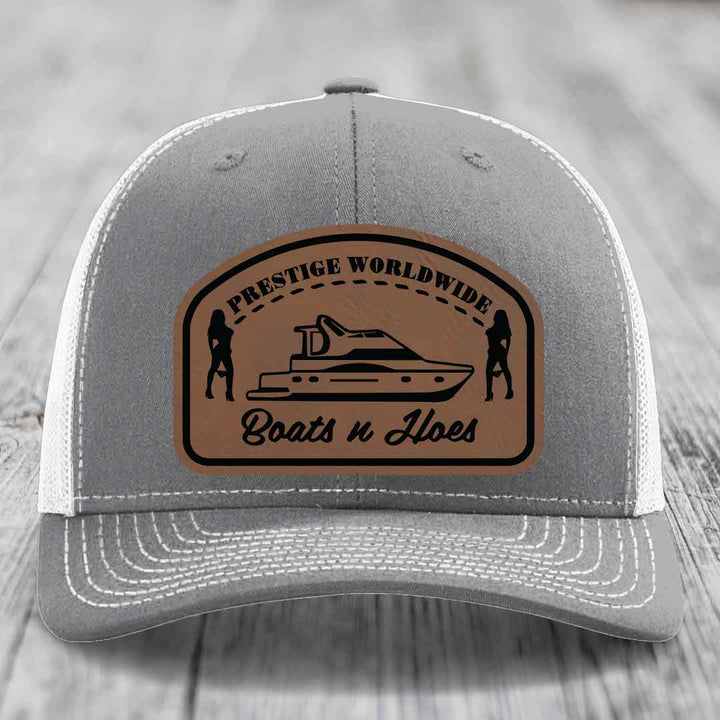 Prestige Worldwide, Boats and Hoes - Leather Patch Hat - Dark Brown to Black Patch - Richardson 112 Snapback Trucker Hat