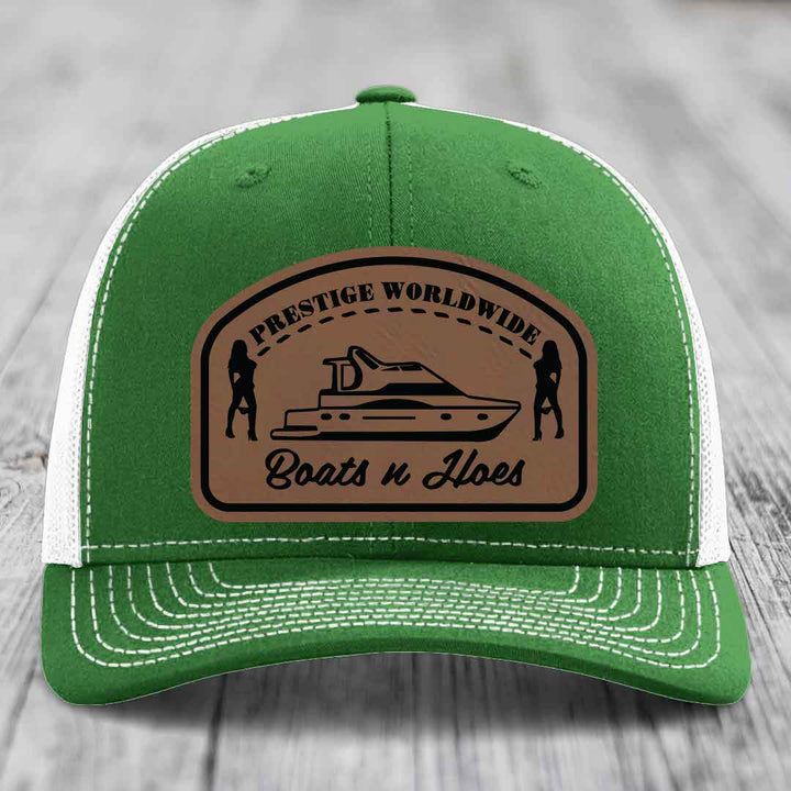 Prestige Worldwide, Boats and Hoes - Leather Patch Hat - Dark Brown to Black Patch - Richardson 112 Snapback Trucker Hat