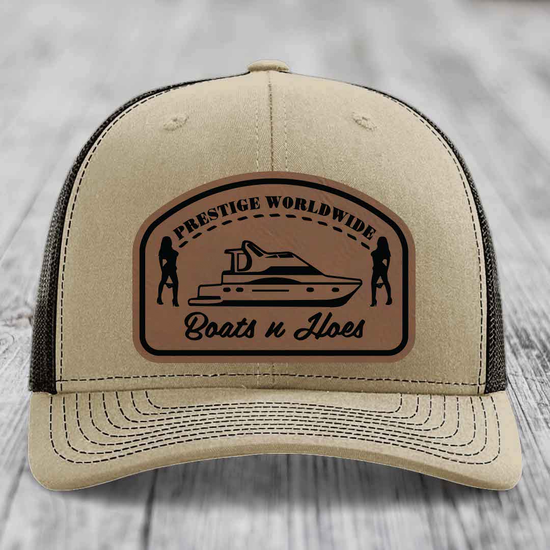Prestige Worldwide, Boats and Hoes - Leather Patch Hat - Dark Brown to Black Patch - Richardson 112 Snapback Trucker Hat