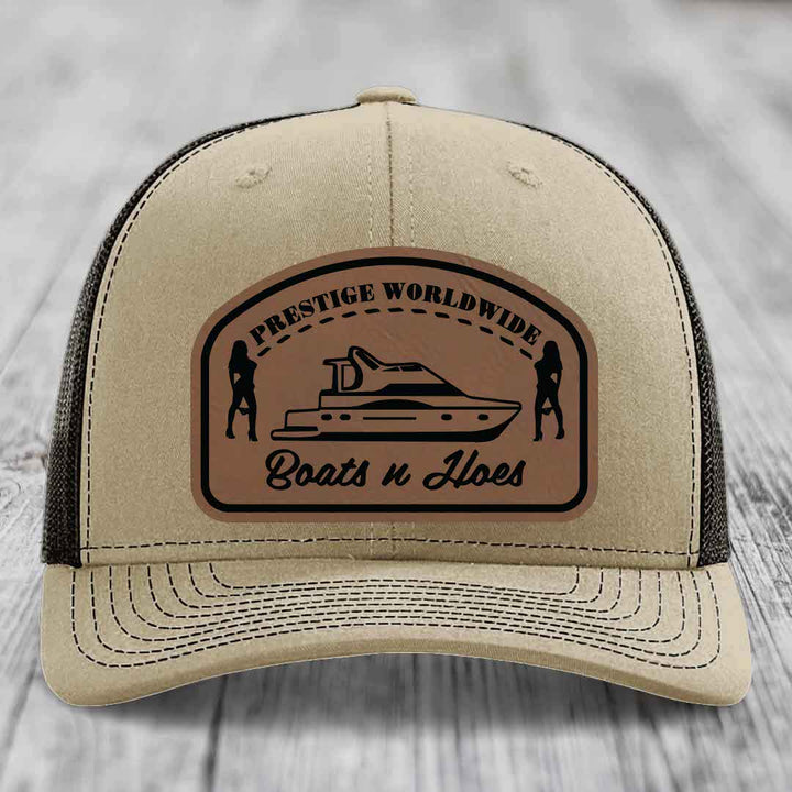Prestige Worldwide, Boats and Hoes - Leather Patch Hat - Dark Brown to Black Patch - Richardson 112 Snapback Trucker Hat