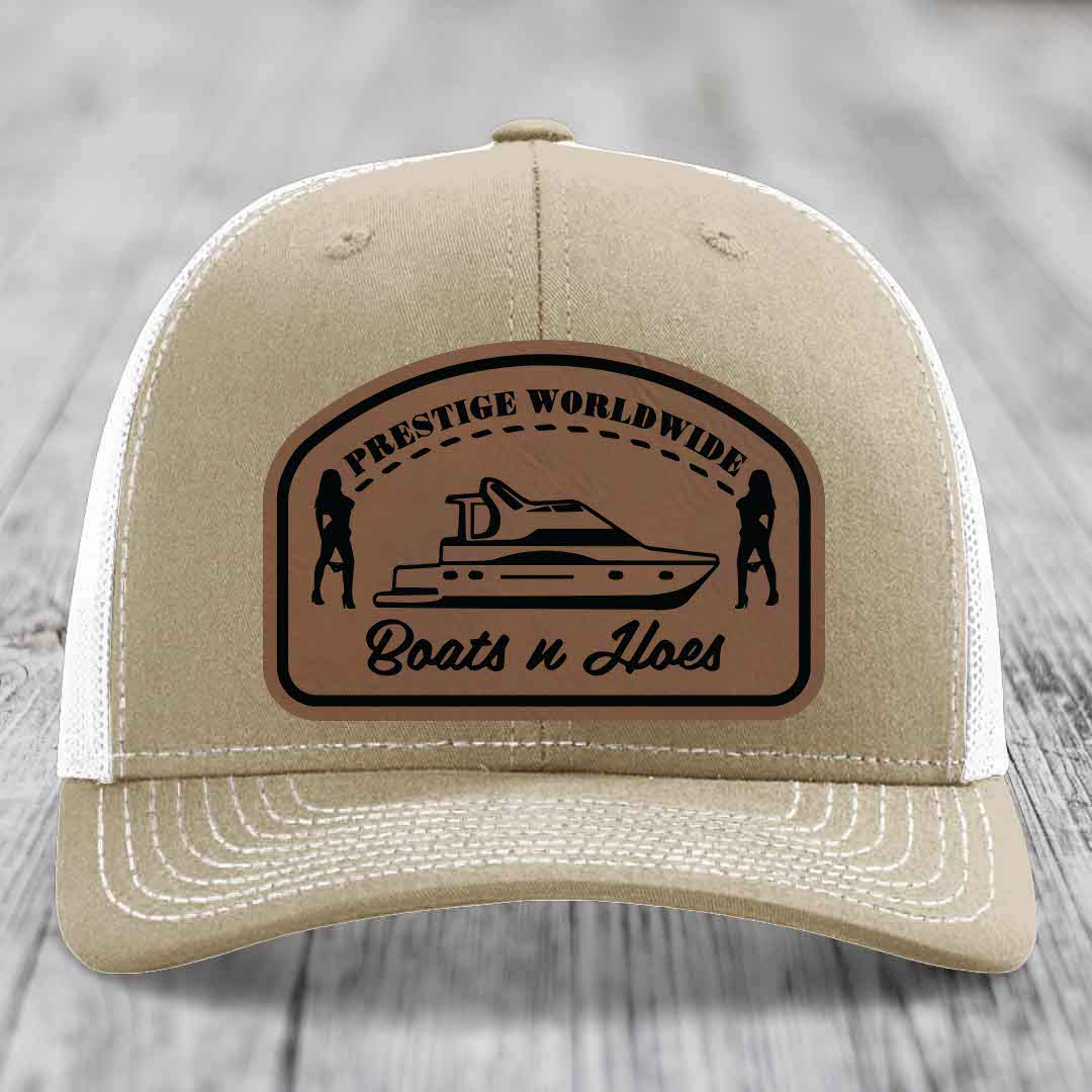 Prestige Worldwide, Boats and Hoes - Leather Patch Hat - Dark Brown to Black Patch - Richardson 112 Snapback Trucker Hat