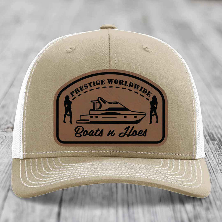 Prestige Worldwide, Boats and Hoes - Leather Patch Hat - Dark Brown to Black Patch - Richardson 112 Snapback Trucker Hat