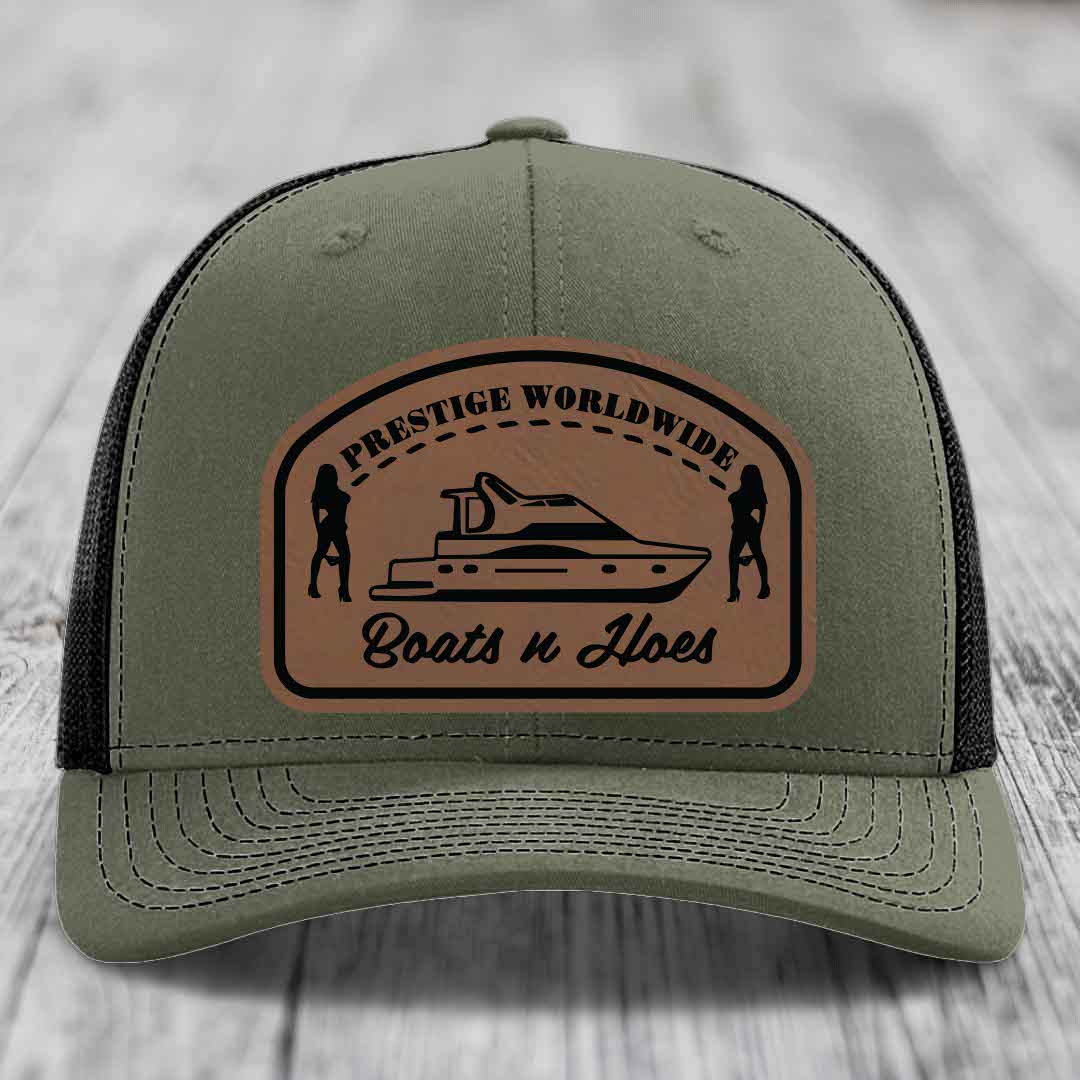 Prestige Worldwide, Boats and Hoes - Leather Patch Hat - Dark Brown to Black Patch - Richardson 112 Snapback Trucker Hat