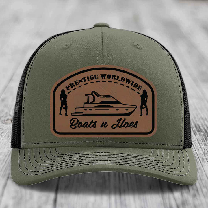 Prestige Worldwide, Boats and Hoes - Leather Patch Hat - Dark Brown to Black Patch - Richardson 112 Snapback Trucker Hat