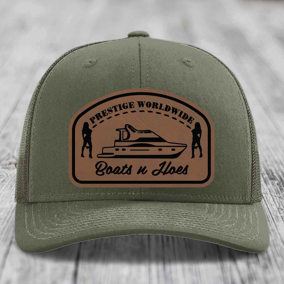 Prestige Worldwide, Boats and Hoes - Leather Patch Hat - Dark Brown to Black Patch - Richardson 112 Snapback Trucker Hat
