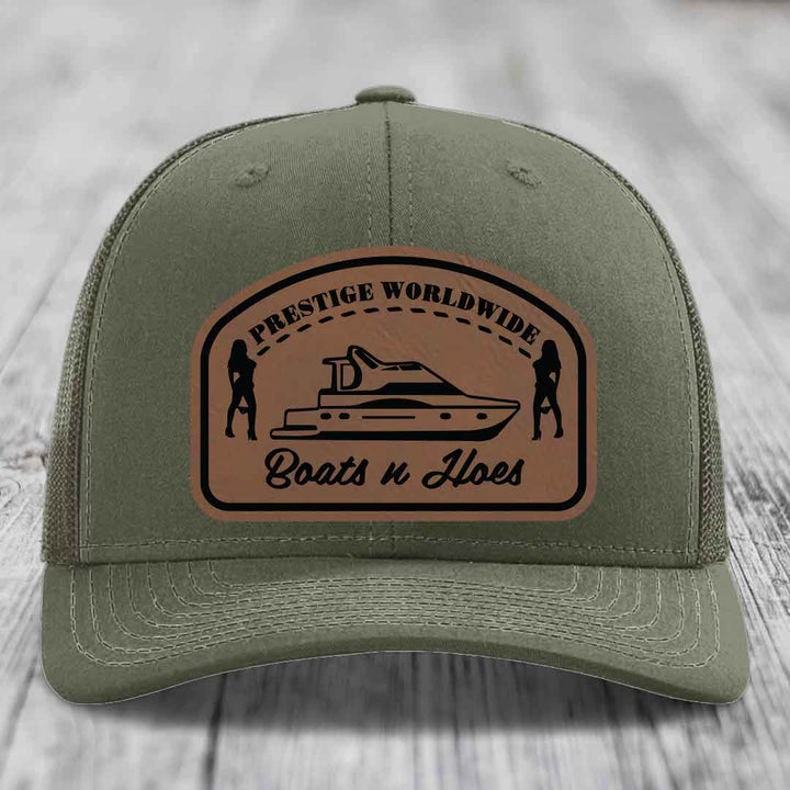Prestige Worldwide, Boats and Hoes - Leather Patch Hat - Dark Brown to Black Patch - Richardson 112 Snapback Trucker Hat