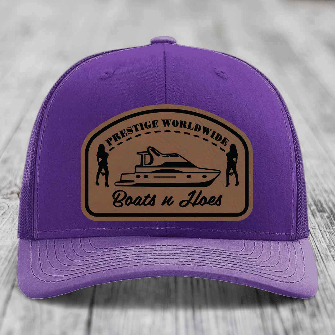 Prestige Worldwide, Boats and Hoes - Leather Patch Hat - Dark Brown to Black Patch - Richardson 112 Snapback Trucker Hat