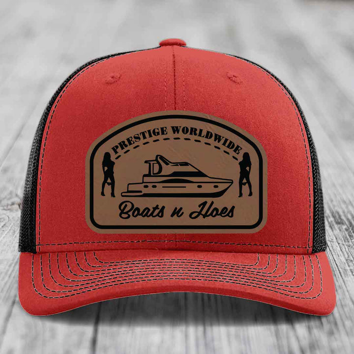 Prestige Worldwide, Boats and Hoes - Leather Patch Hat - Dark Brown to Black Patch - Richardson 112 Snapback Trucker Hat