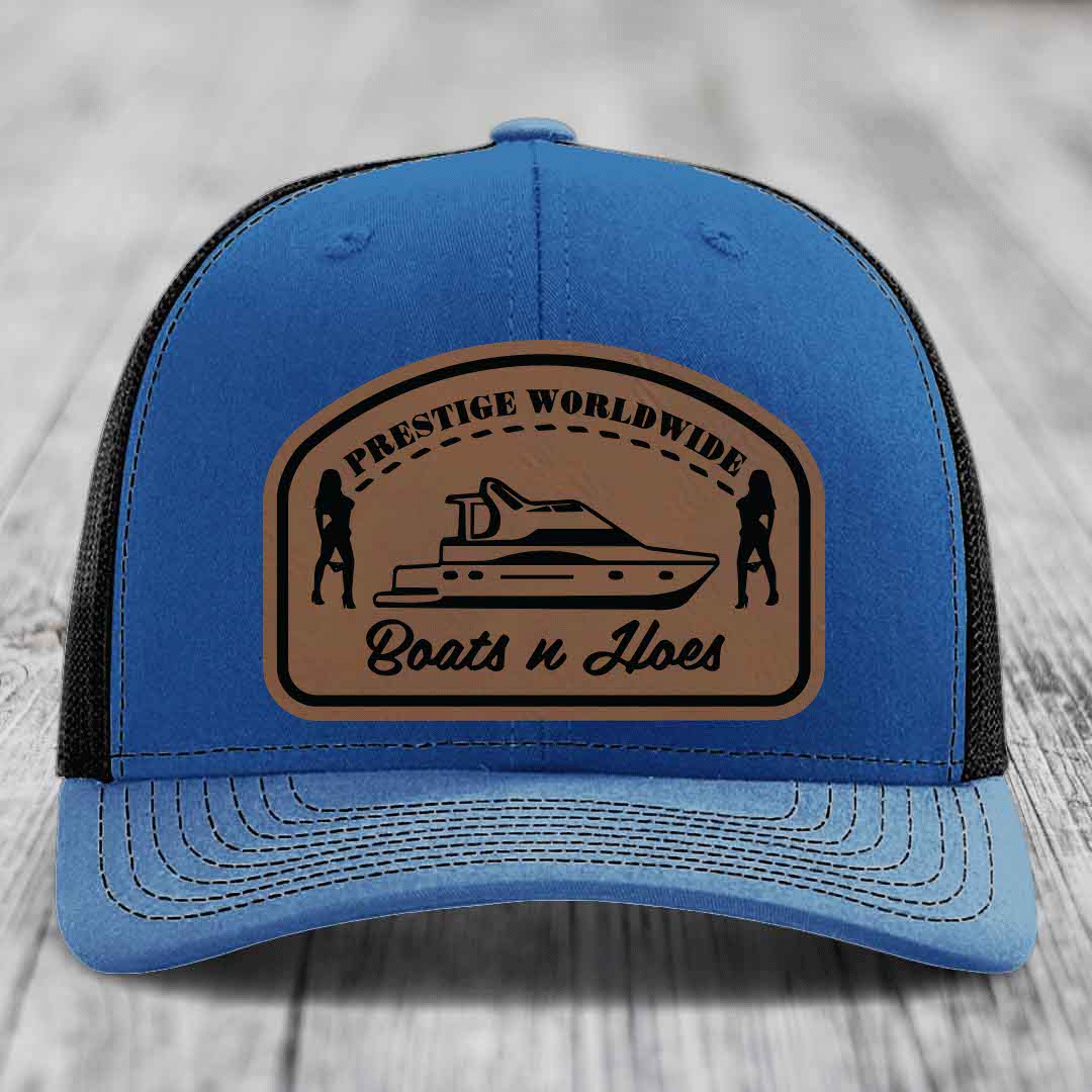 Prestige Worldwide, Boats and Hoes - Leather Patch Hat - Dark Brown to Black Patch - Richardson 112 Snapback Trucker Hat