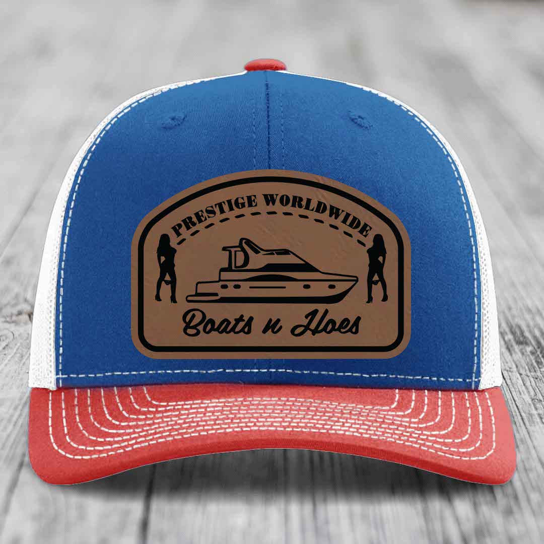 Prestige Worldwide, Boats and Hoes - Leather Patch Hat - Dark Brown to Black Patch - Richardson 112 Snapback Trucker Hat