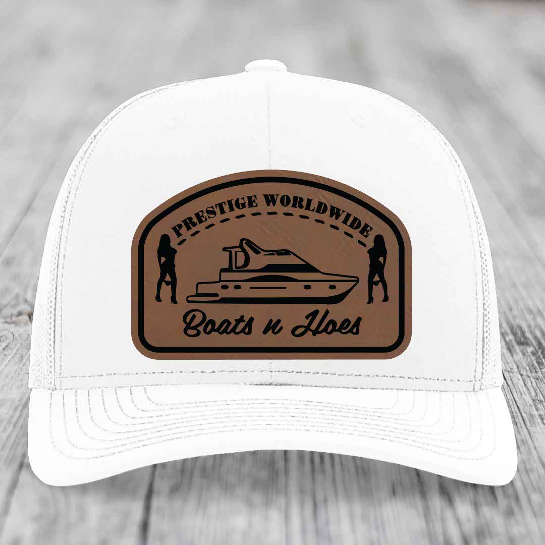 Prestige Worldwide, Boats and Hoes - Leather Patch Hat - Dark Brown to Black Patch - Richardson 112 Snapback Trucker Hat