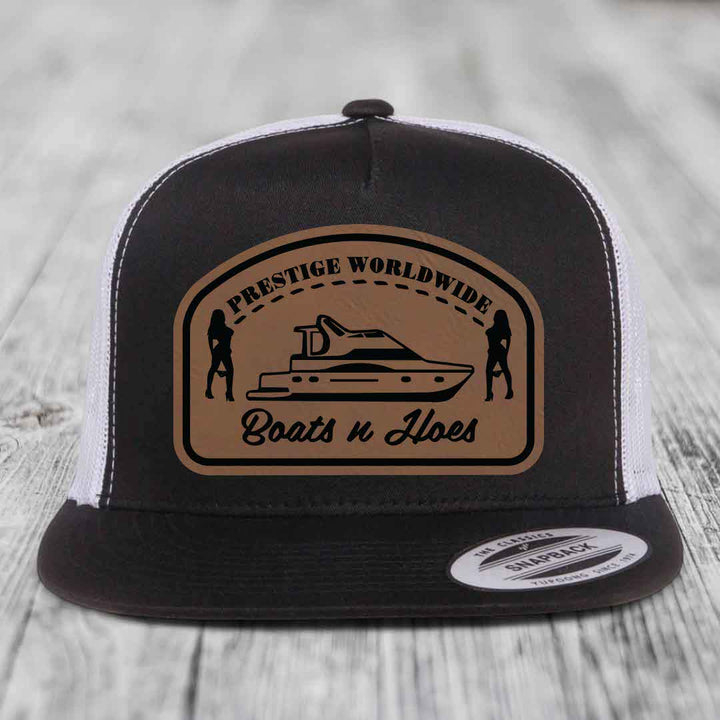 Prestige Worldwide, Boats and Hoes - Leather Patch Hat - Dark Brown to Black Patch - Yupoong 6006 Snapback Flatbill Hat