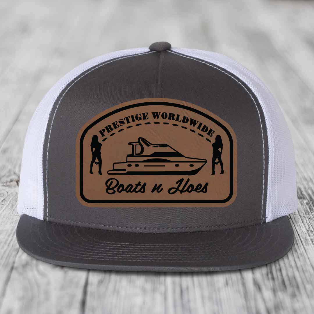 Prestige Worldwide, Boats and Hoes - Leather Patch Hat - Dark Brown to Black Patch - Yupoong 6006 Snapback Flatbill Hat