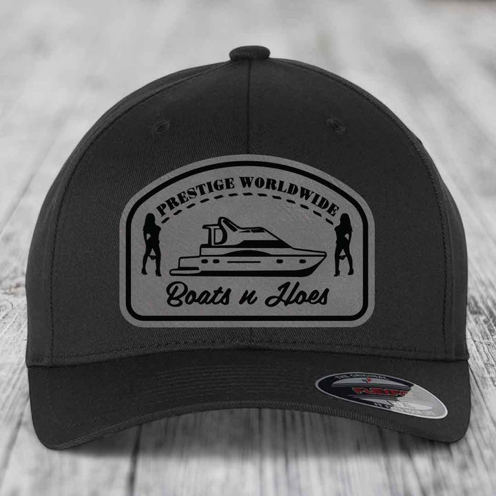 Prestige Worldwide, Boats and Hoes - Leather Patch Hat - Grey to Black Patch - Flexfit 6277 Fitted Hat