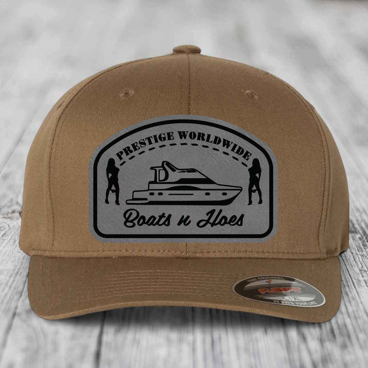 Prestige Worldwide, Boats and Hoes - Leather Patch Hat - Grey to Black Patch - Flexfit 6277 Fitted Hat