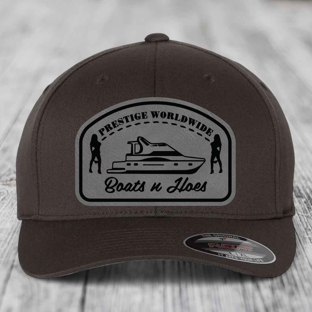 Prestige Worldwide, Boats and Hoes - Leather Patch Hat - Grey to Black Patch - Flexfit 6277 Fitted Hat