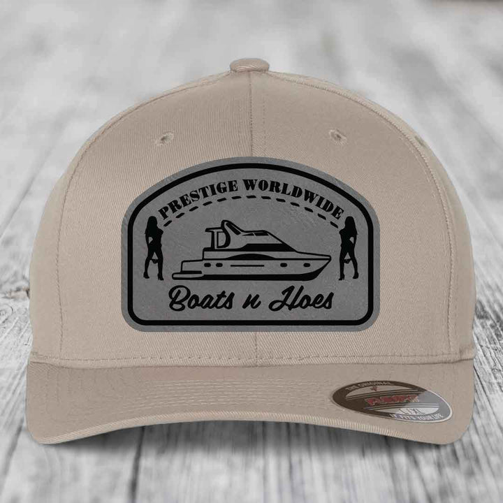 Prestige Worldwide, Boats and Hoes - Leather Patch Hat - Grey to Black Patch - Flexfit 6277 Fitted Hat