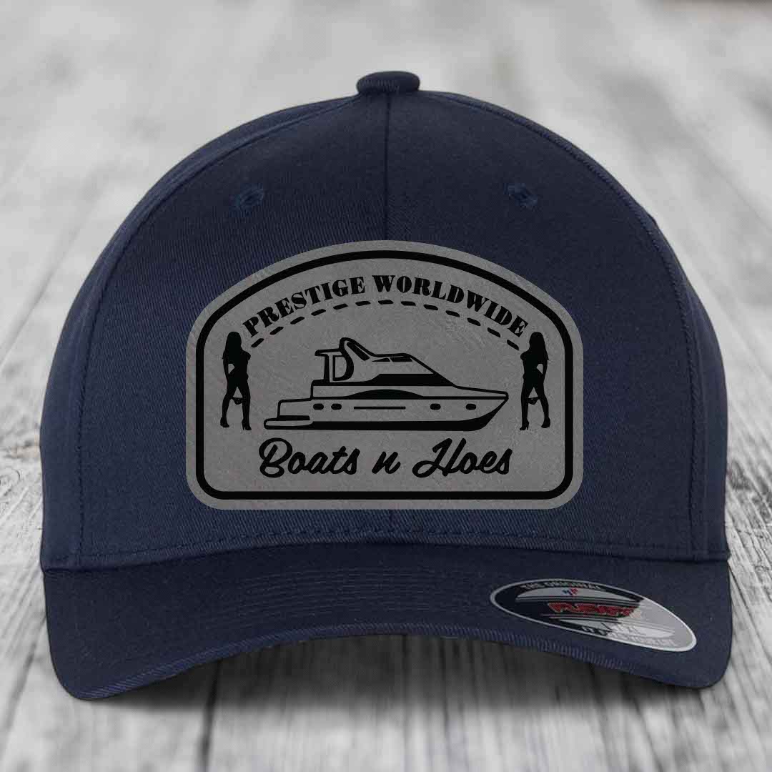 Prestige Worldwide, Boats and Hoes - Leather Patch Hat - Grey to Black Patch - Flexfit 6277 Fitted Hat