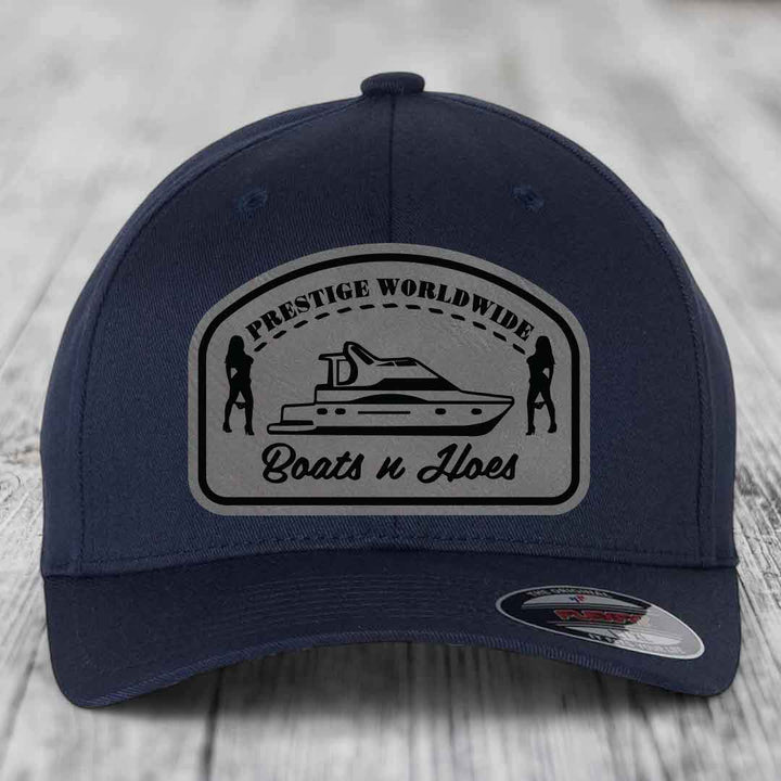 Prestige Worldwide, Boats and Hoes - Leather Patch Hat - Grey to Black Patch - Flexfit 6277 Fitted Hat