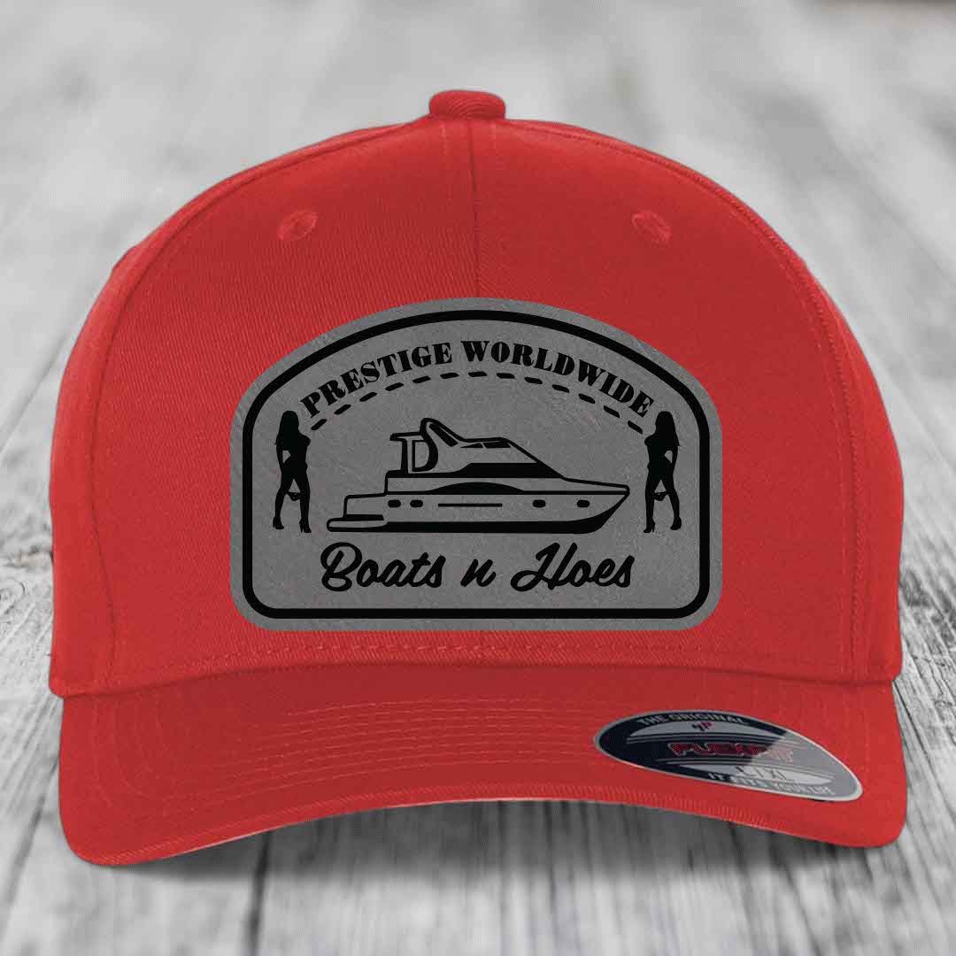 Prestige Worldwide, Boats and Hoes - Leather Patch Hat - Grey to Black Patch - Flexfit 6277 Fitted Hat