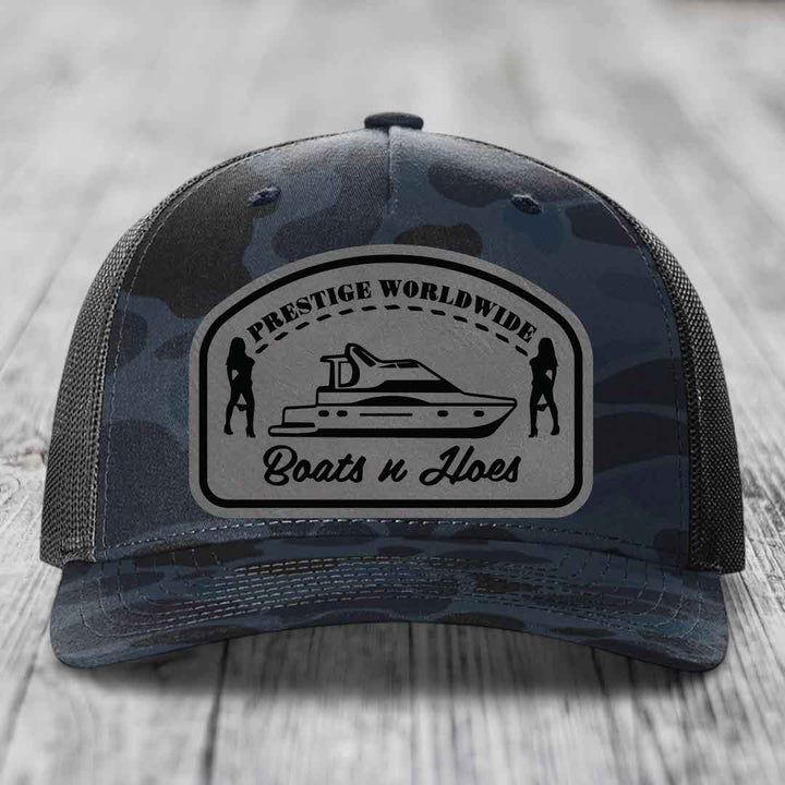 Prestige Worldwide, Boats and Hoes - Leather Patch Hat - Grey to Black Patch - Richardson 112PFP Snapback Trucker Hat