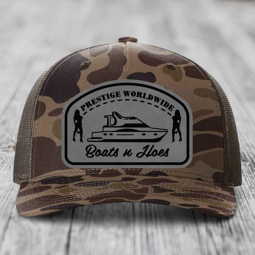 Prestige Worldwide, Boats and Hoes - Leather Patch Hat - Grey to Black Patch - Richardson 112PFP Snapback Trucker Hat