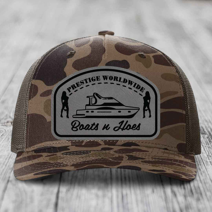 Prestige Worldwide, Boats and Hoes - Leather Patch Hat - Grey to Black Patch - Richardson 112PFP Snapback Trucker Hat