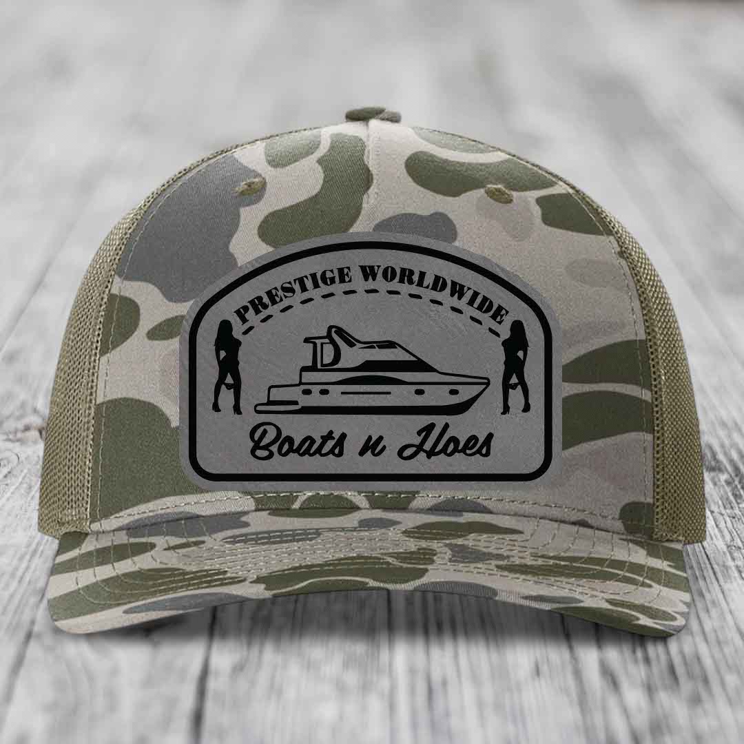 Prestige Worldwide, Boats and Hoes - Leather Patch Hat - Grey to Black Patch - Richardson 112PFP Snapback Trucker Hat