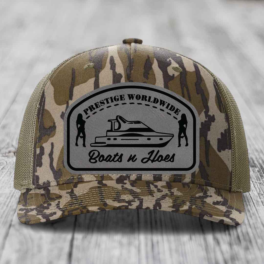 Prestige Worldwide, Boats and Hoes - Leather Patch Hat - Grey to Black Patch - Richardson 112PFP Snapback Trucker Hat
