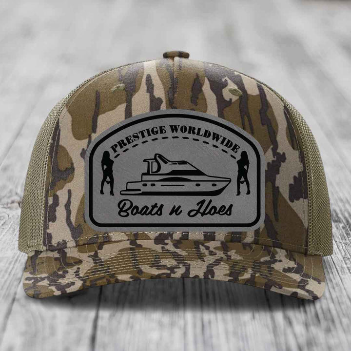 Prestige Worldwide, Boats and Hoes - Leather Patch Hat - Grey to Black Patch - Richardson 112PFP Snapback Trucker Hat