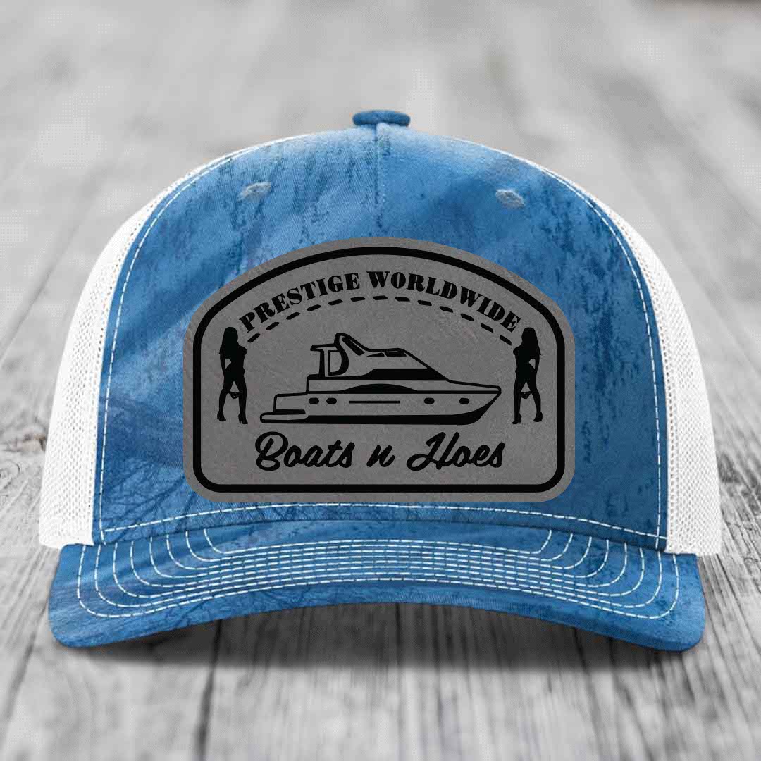 Prestige Worldwide, Boats and Hoes - Leather Patch Hat - Grey to Black Patch - Richardson 112PFP Snapback Trucker Hat